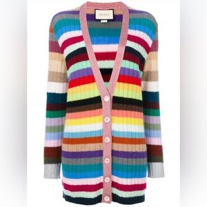 GUCCI Metallic-trimmed Striped Cashmere And Wool-blend Cardigan
